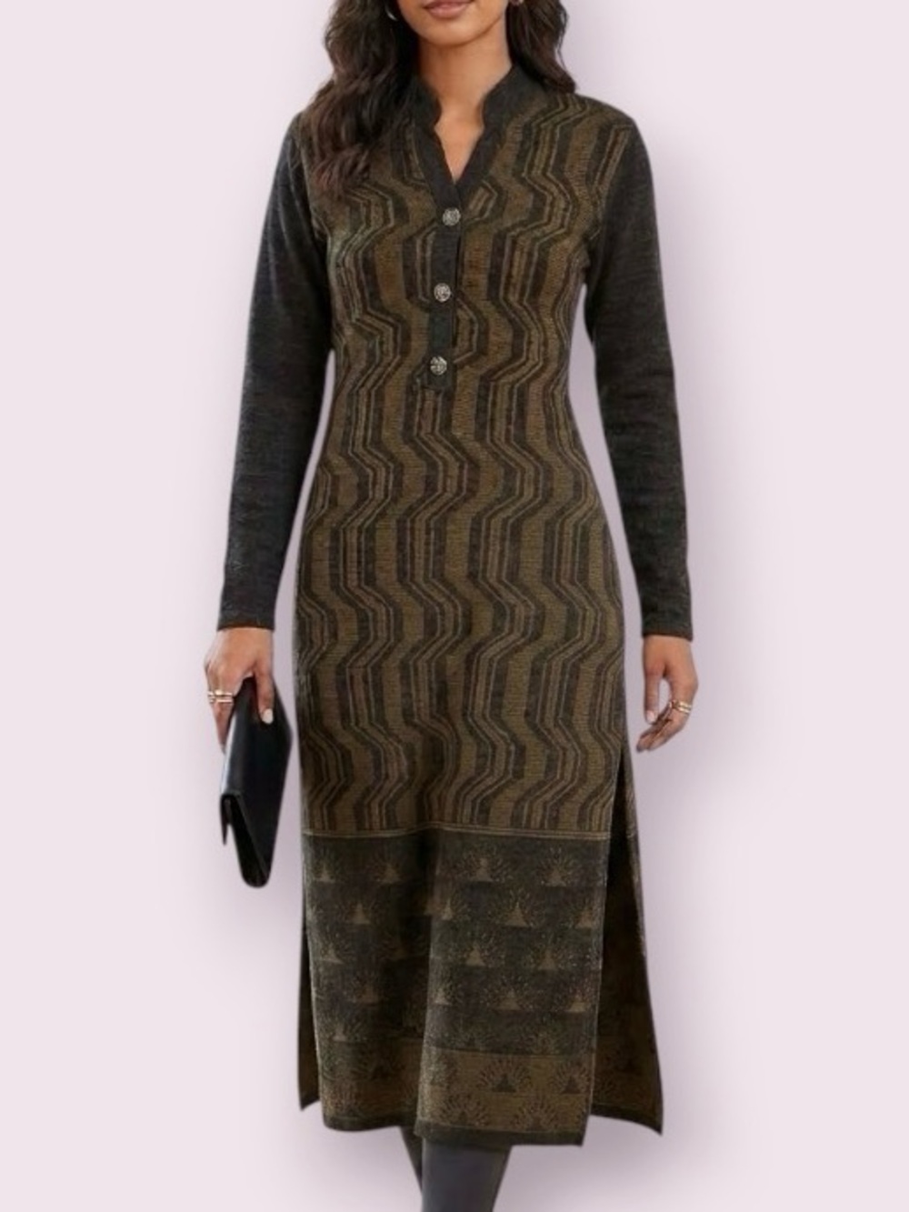 Preston Long Sleeve Sweater Dress Side Slits Brown Size Large